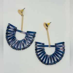 Blue Fan Statement Drop Earrings – Gold Tone Resin Beaded Boho Earrings